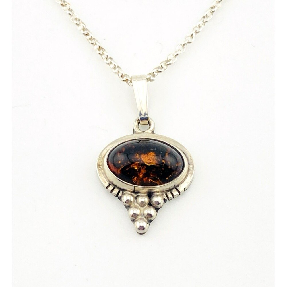 Vintage Amber Cabochon Sterling Silver Pendant Necklace 17 Inch Artisan Made